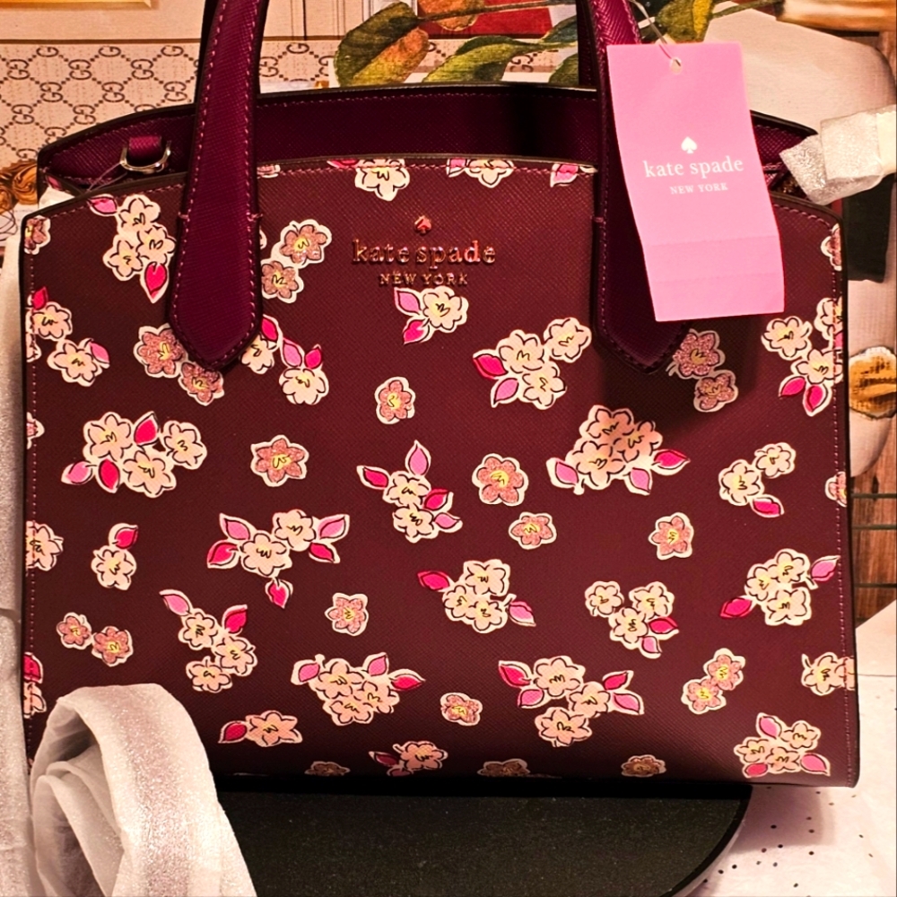 Kate Spade Tinsel Frosted Floral Deep Berry Satchel/Crossbody Bag